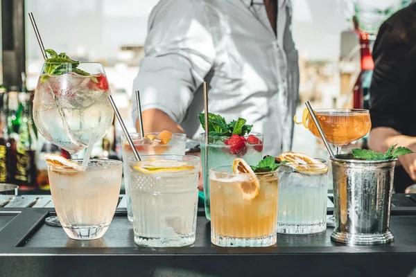 Different Alcoholic Cocktails Bar Table Summer Cocktails Made Bartender — Stock Photo, Image