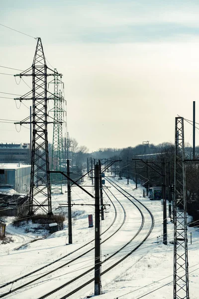 Industrial Area Winter Time Railways Electricity Lines — Stock Photo, Image