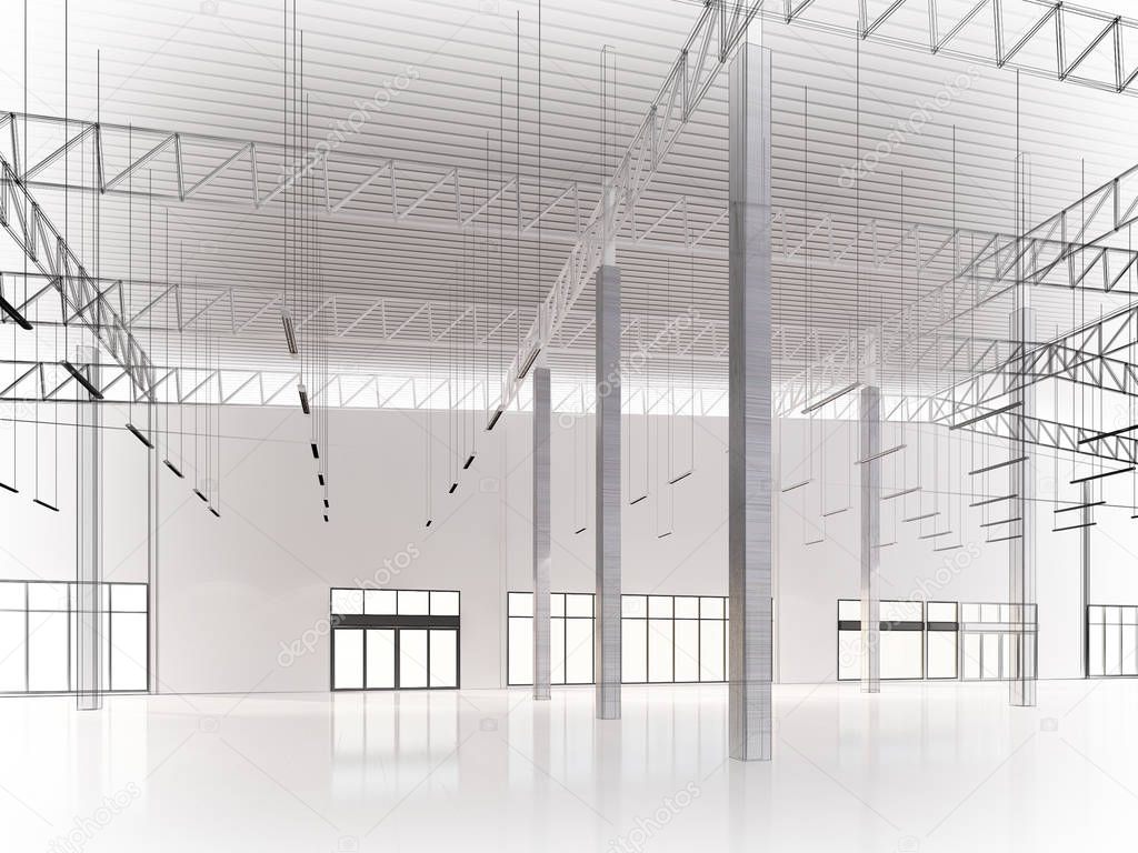 sketch design of interior warehouse, 3d rendering