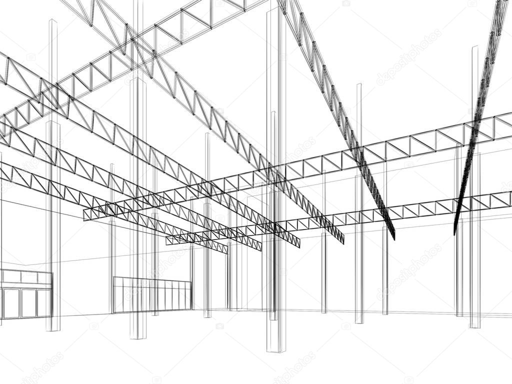 sketch design of interior warehouse, 3d rendering