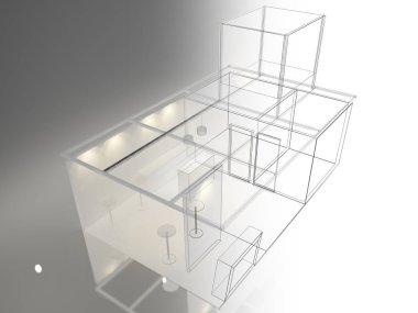 exchibition köşk, 3d render tasarım kroki