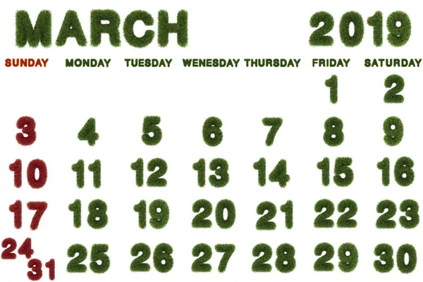 Kalender Voor Maart 2019 Witte Achtergrond Rendering Groen Gras — Stockfoto