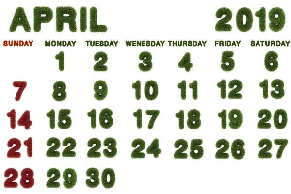 Kalender Für April 2019 Auf Weißem Hintergrund Rendering Von Grünem — Stockfoto