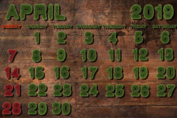Календарь Апрель 2019 Года Белом Фоне Рендеринг Зеленой Травы — стоковое фото