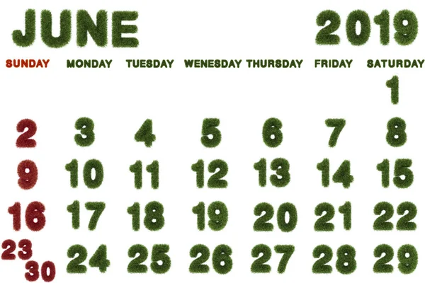 Calendar June 2019 White Background Rendering Green Grass — Stock Photo, Image