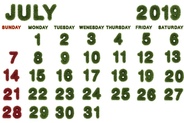 Kalender Voor Juli 2019 Witte Achtergrond Rendering Groen Gras — Stockfoto