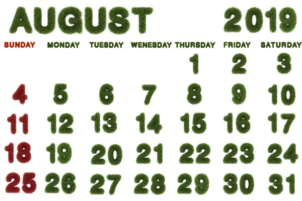 Calendário Para Agosto 2019 Fundo Branco Renderização Grama Verde — Fotografia de Stock