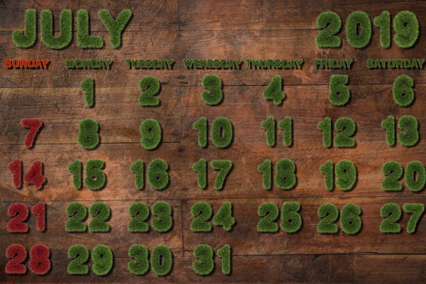 Kalender För Juli 2019 Vit Bakgrund Rendering Gröna Gräs — Stockfoto