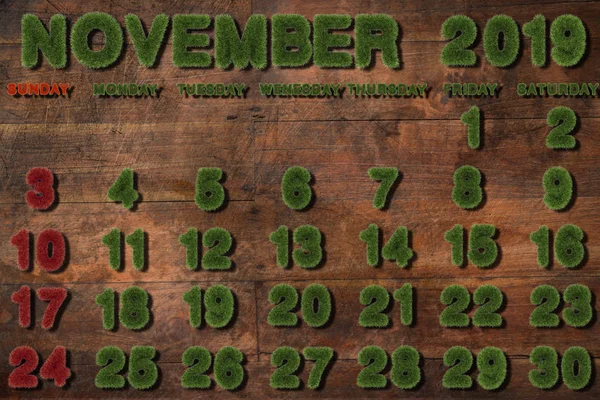 Calendario Para Noviembre 2019 Sobre Fondo Blanco Renderizado Hierba Verde —  Fotos de Stock