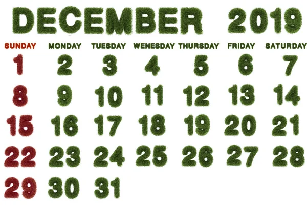 Calendrier Pour Décembre 2019 Sur Fond Blanc Rendu Herbe Verte — Photo