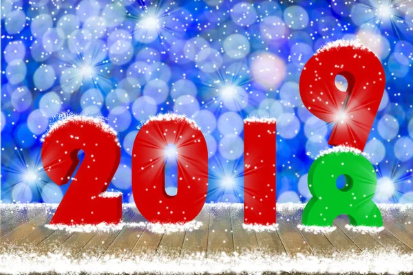 2019 Text Auf Holz Tischplatte Mit Schnee Und Dekorativen Licht — Stockfoto