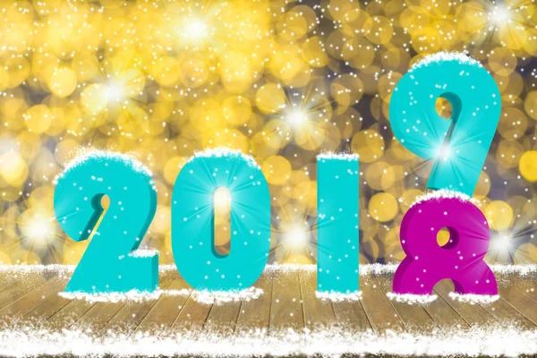 2019 Text Auf Holz Tischplatte Mit Schnee Und Dekorativen Licht — Stockfoto