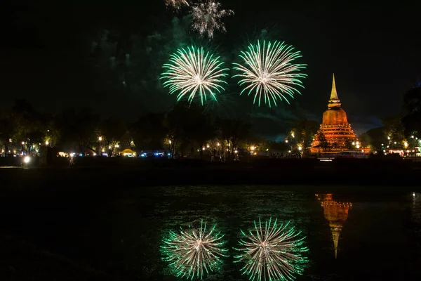 stock image Beautiful Firework Reflection Over Old Pagoda Loy Krathong Festival Sukhothai Thailand Amazing Historic Town