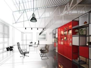 iç çalışma odası, 3d render tasarım kroki