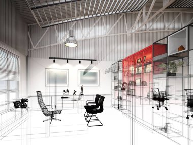 iç çalışma odası, 3d render tasarım kroki