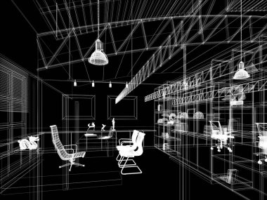 iç çalışma odası, 3d render tasarım kroki