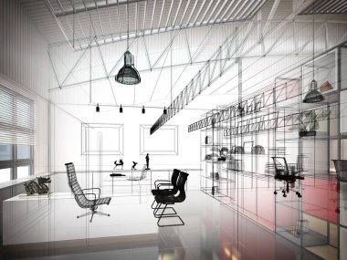 iç çalışma odası, 3d render tasarım kroki