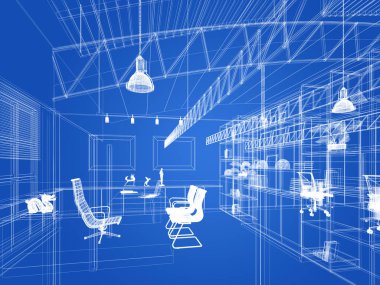 iç çalışma odası, 3d render tasarım kroki