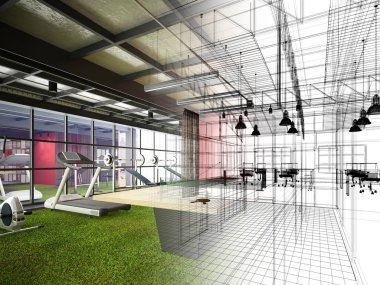 iç fitness salonu, 3d render soyut kroki tasarımı