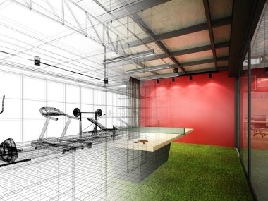 iç fitness salonu, 3d render soyut kroki tasarımı