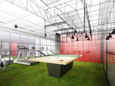 iç fitness salonu, 3d render soyut kroki tasarımı
