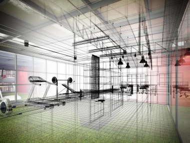 iç fitness salonu, 3d render soyut kroki tasarımı