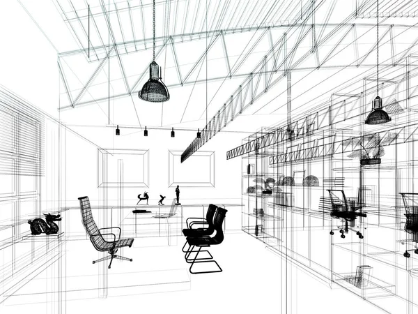 Sketch Design Interior Working Room Rendering — Stock Photo, Image