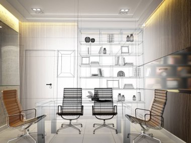 iç konferans salonu, 3d render tasarım kroki