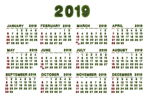 Takvim 2019 Beyaz Arka Planda Render Yeşil Çimen — Stok fotoğraf