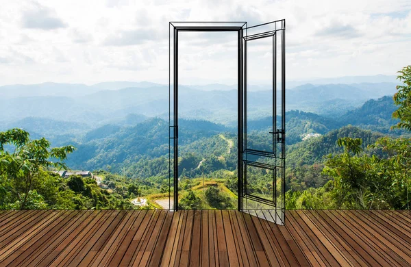 Landscape behind the opening door — Stock Photo, Image