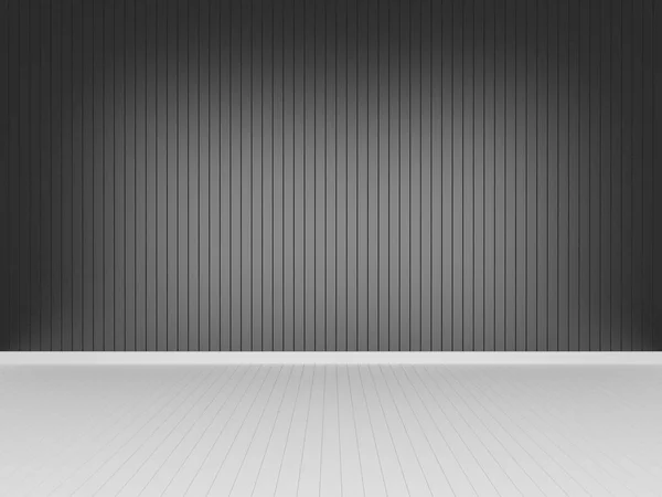 Černá dřevěná stěna s bílou dřevěnou podlahou, 3D vykreslování prázdné místnosti — Stock fotografie