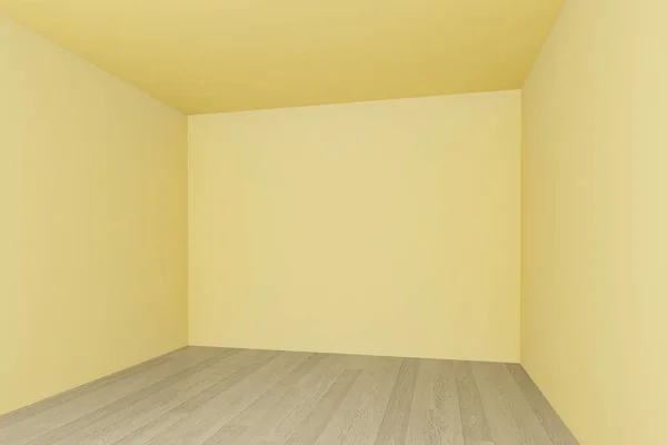 Tomt rum, gul vägg med trägolv, 3D-interiör — Stockfoto