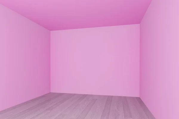 Tomt rum, rosa vägg med trägolv, 3D-interiör — Stockfoto
