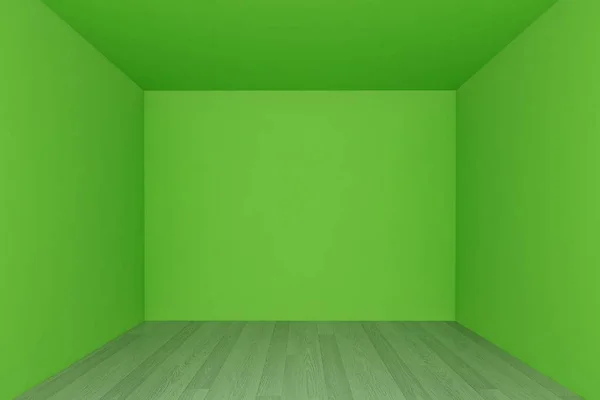 Pusty pokój, Zielona ściana z drewnianą podłogą, wnętrze 3D — Zdjęcie stockowe