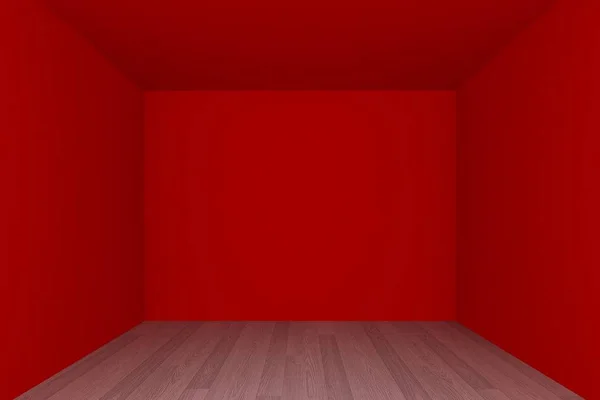 Άδειο δωμάτιο, κόκκινος τοίχος με ξύλινο δάπεδο, 3D εσωτερικό — Φωτογραφία Αρχείου