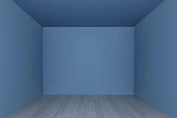 Tomt rum, blå vägg med trägolv, 3D-interiör — Stockfoto