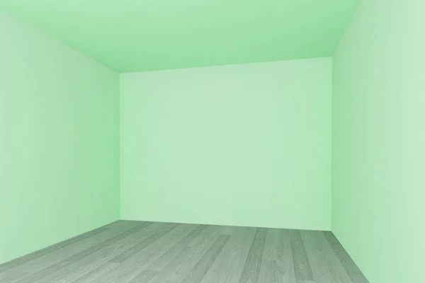 Tomt rum, grön vägg med trägolv, 3D-interiör — Stockfoto