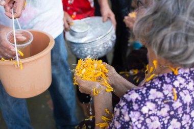 tayland Songkran festival geleneğinde keşiş akan su