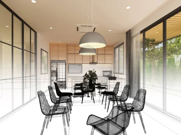 Desain sketsa ruang makan interior, render 3d — Stok Foto