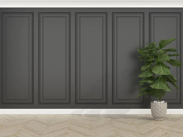 Clásica pared negra con piso de madera y violín, 3d render — Foto de Stock