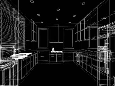 İç mutfağın soyut çizim tasarımı, 3D görüntüleme 
