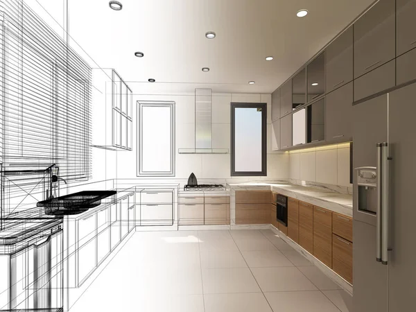 Diseño abstracto del boceto de la cocina interior, 3d renderizado — Foto de Stock