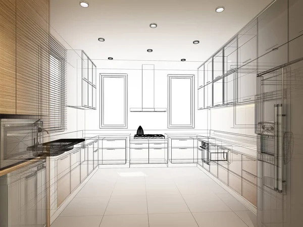 Abstrakcyjny szkic projekt wnętrza kuchni, renderowanie 3d — Zdjęcie stockowe