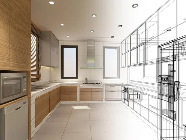 Abstraktní náčrtek interiérové kuchyně, 3D vykreslování — Stock fotografie