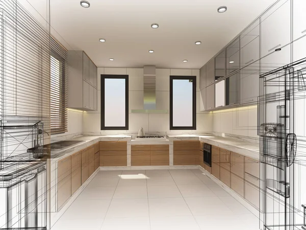 Abstrakcyjny szkic projekt wnętrza kuchni, renderowanie 3d — Zdjęcie stockowe