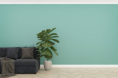 Ahşap zeminli yeşil duvar, 3 boyutlu.