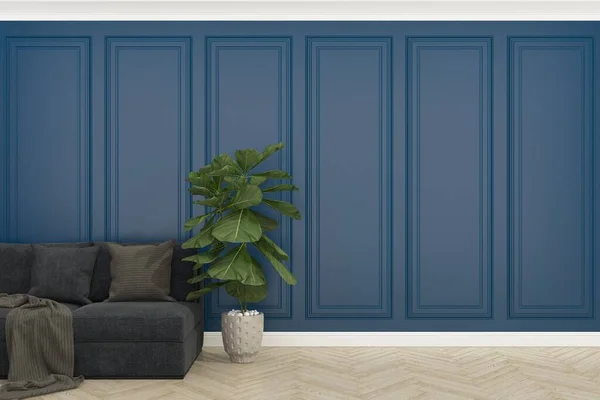 Pared Azul Con Piso Madera Violín Hormigón Render — Foto de Stock