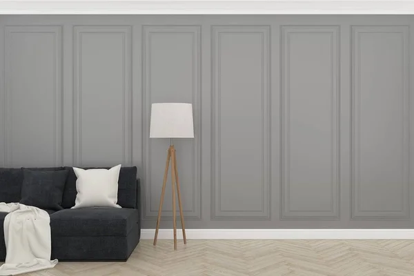 木製の床とグレーの壁3Dレンダリング — ストック写真