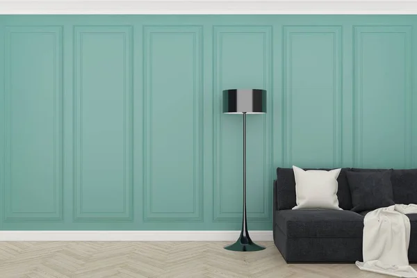 木製の床と緑の壁3Dレンダリング — ストック写真