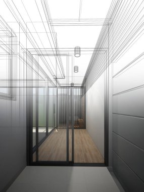 İç evin soyut çizim tasarımı, 3D görüntüleme 